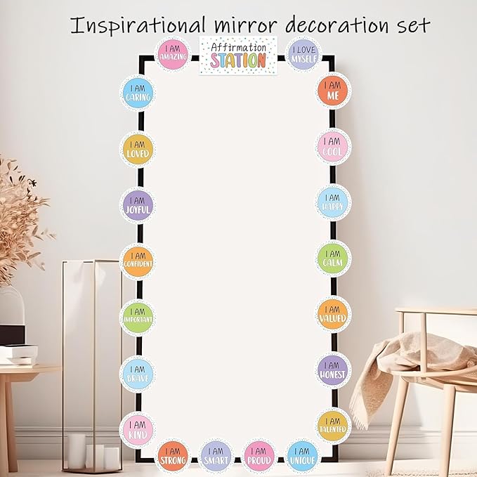 Pastel Affirmation Station Bulletin Board Set Positive Bulletin Board for Classroom Mirror Growth Mindset Decoration Inspirational Motivational Accent Color Cutouts for Home School Teacher Wall Supply