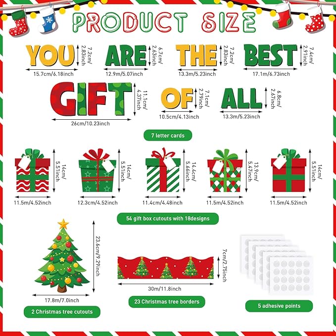 86 Pcs Christmas Bulletin Board with Christmas Tree Borders Christmas Xmas Gift Boxes Cutouts Winter Holiday Classroom Bulletin Board for Classroom Decoration School Home Holiday Party
