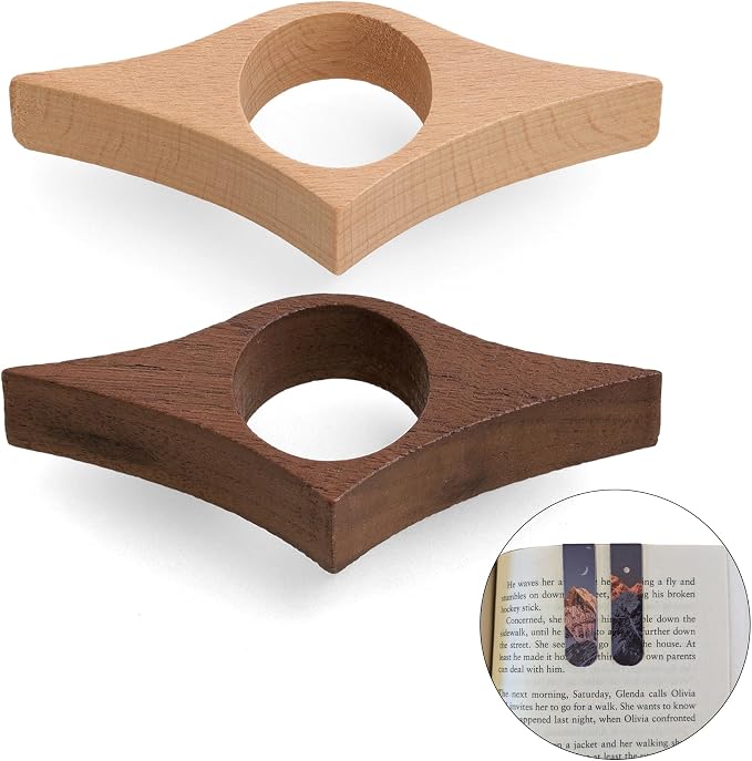 4 Piece Set: Wood Book Page Holder & 2 Magnetic Bookmarks - Ergonomic Thumb Book Opener - Ideal Reading Accessories & Gifts for Book Lovers