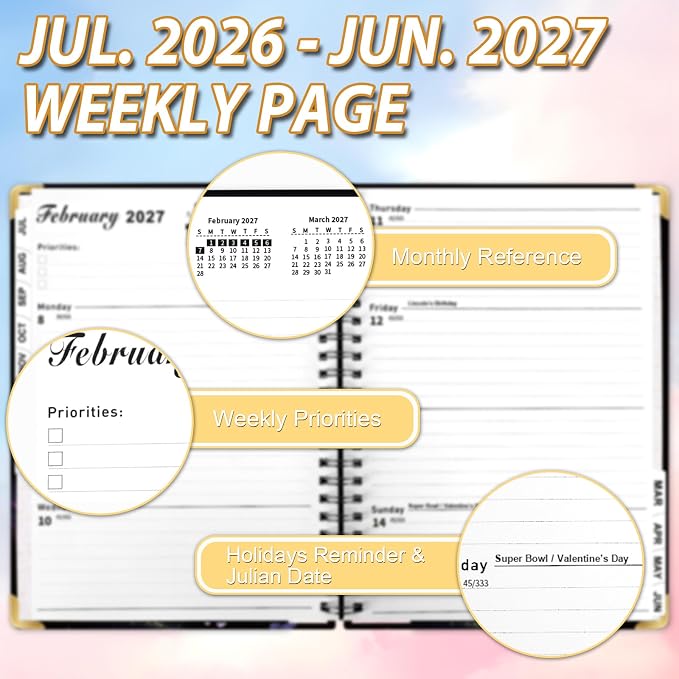 2026-2027 Planner Weekly and Monthly, Jul.2026 - Jun.2027, 6.3" X 8.5" Daily Planner Spiral Bound, Academic Planners with Monthly Tabs, Inner Pocket for Women Men