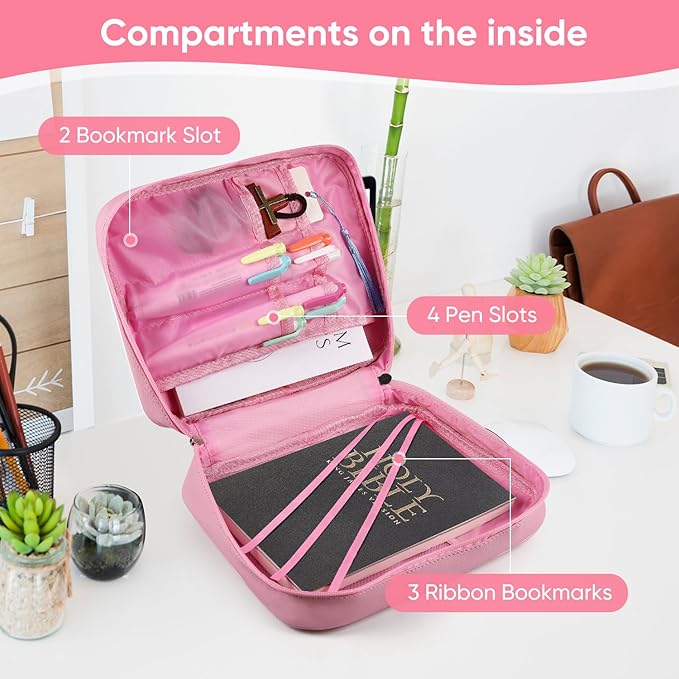 Bible Covers for Girls, Fruobeyla Pink Bible Cases for Woman PU Leather Bibles Carrying Case for Women, Large Bibles Tote Bags with Handle and Zippered Pocket for Kids, Pink (Letter A)
