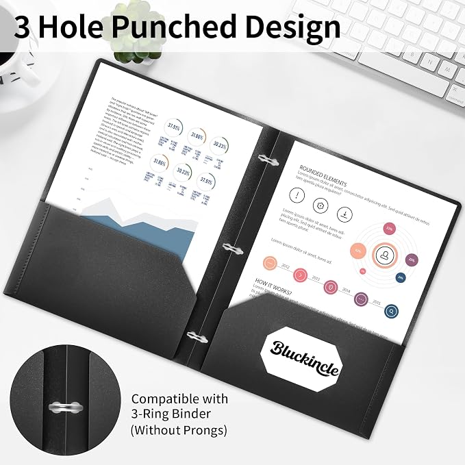 Plastic Folders with Pockets 3 Hole Punched, Pocket Folders for 3 Ring Binder, 6 Pack Black File Folder for School, Office, Documents, 2 Pocket Blinder Folder with Holes and Business Card Holder