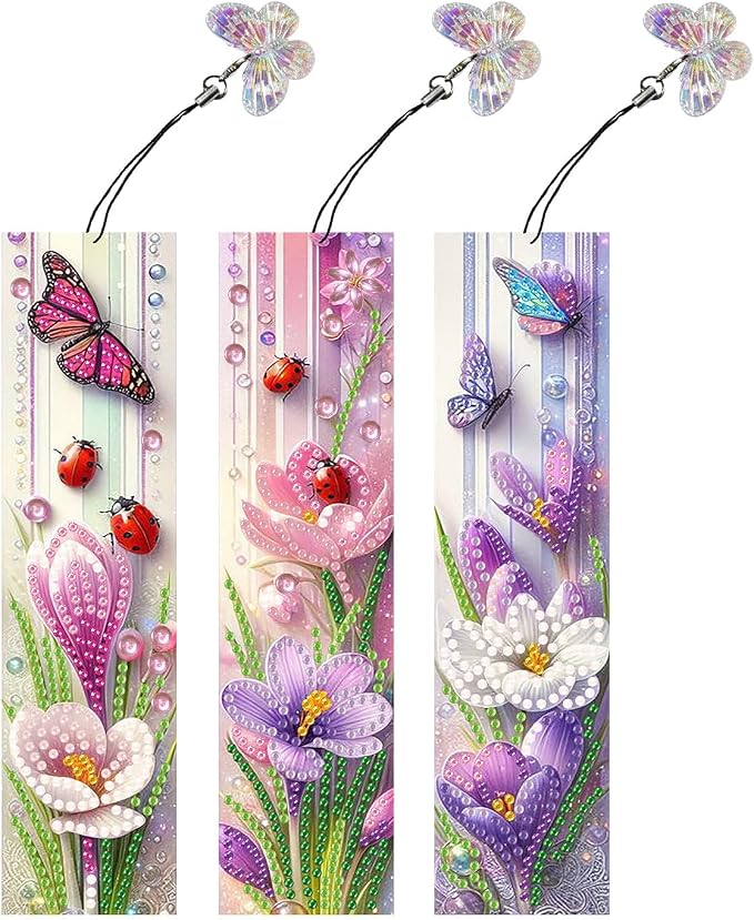 ARTopet 3Pcs DIY Diamond Art Painting Bookmarks with Colorful Butterfly Pendant PET Bookmark Ornament Double Sided Pattern Single Sided Diamond Book Marker Clip Gifts Tags-Flowers05