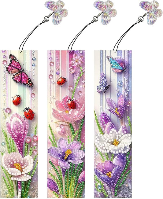 ARTopet 3Pcs DIY Diamond Art Painting Bookmarks with Colorful Butterfly Pendant PET Bookmark Ornament Double Sided Pattern Single Sided Diamond Book Marker Clip Gifts Tags-Flowers05