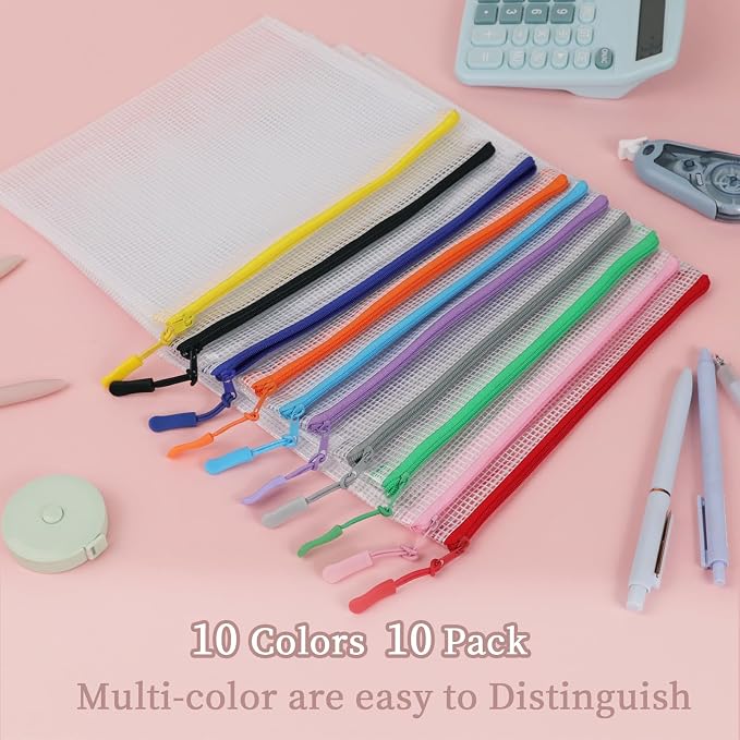 Multibey 10 Pack 10 Colors Mesh Zipper Pouch Bags, A5-9.5 x 7.3 Inch Waterproof Mesh Stoage Pouch for Organizer, Plastic Zip Bags Small Mesh Pouch for School Office Home Travel Storage