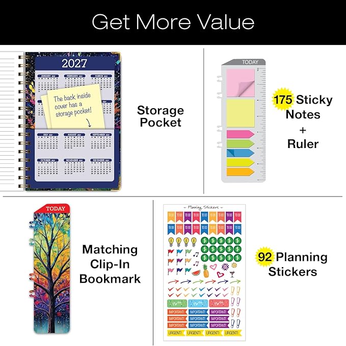 HARDCOVER Academic Year 2026-2027 Planner: 14 Months (May 2026 Through June 2027) 5.5"x 8" Daily Weekly Monthly Planner Yearly Agenda. Bookmark, Pocket Folder and Sticky Note Set (Black Tree Seasons)