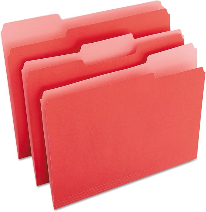 Colored File Folders, 1/3 Cut One-Ply Top Tab, Letter, Red, 100/Box
