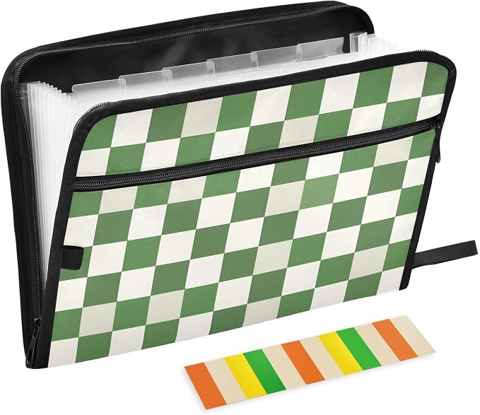 Expanding File Folder Green White Checkered Buffalo Plaid Accordion File Organizer 13 Pockets Document Organizer with Zipper Labels A4 Letter Office Storage