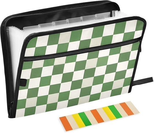 Expanding File Folder Green White Checkered Buffalo Plaid Accordion File Organizer 13 Pockets Document Organizer with Zipper Labels A4 Letter Office Storage