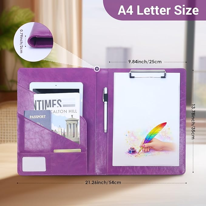 Professional Portfolio Binder, Faux Leather Padfolio for Resume, Note-Taking & Meetings, A4 Letter Writing Pad Holder for Women & Men (Purple)