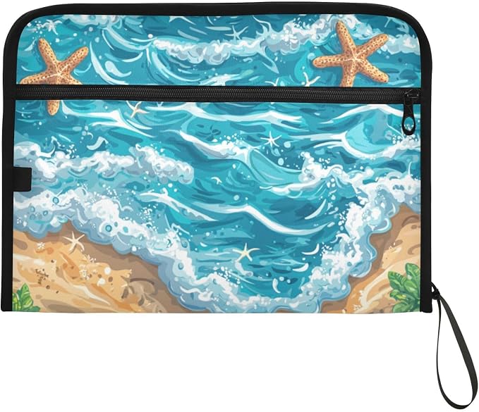 Ocean Sea Coast File Folders,Plastic Folders with 13 Pockets,Expandable File Folder for Documents School Students Office,Aesthetic Folder with Labels A4 Letter Size