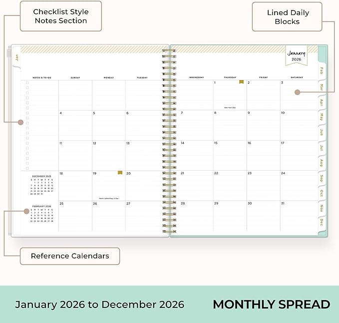 Blue Sky Day Designer 2026 Weekly and Monthly Planner Calendar, January 2026 - December 2026, 8.5" x 11", Flexible Cover With Zip Pouch, Durable Twin Wire Binding, Storage Pocket, Includes Stickers, Tulip Garden Mint