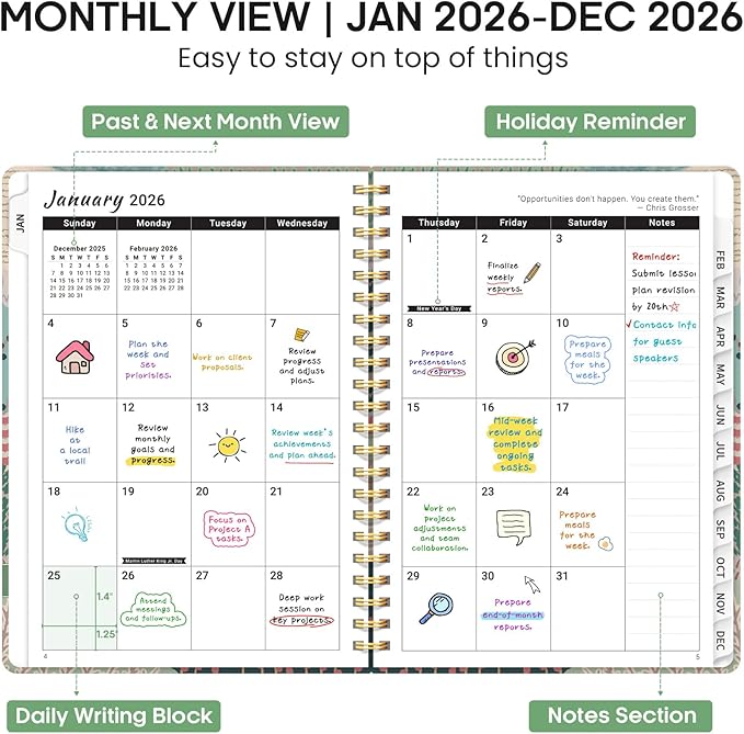2026 Planner, Weekly and Monthly Calendar Planner Book, January 2026 - December 2026, Hardcover Spiral Planner with Monthly Tabs, Notes Pages, Perfect for Women & Men, A5 (6.4" x 8.5") - Patchwork