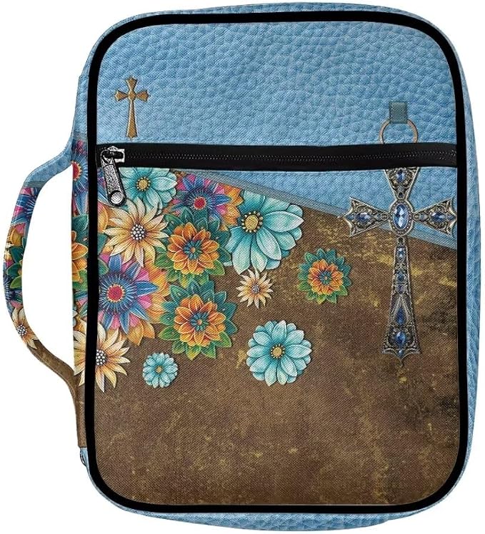 Coldinair Floral Cross Bible Cover for Women,Canvas Carrying Book Case Church Bag Bible Holder with Handle and Zippered Pocket
