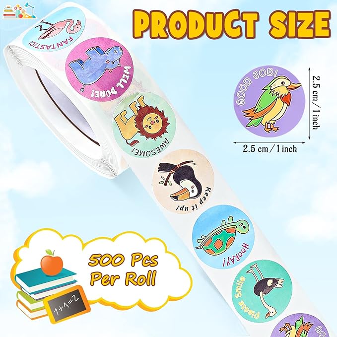 Outus 3 Rolls Motivational Stickers for Kids, 1500 Pcs Inspirational Cartoon Reward Stickers Teacher Supplies for Potty Training School Classroom Students Prizes, 24 Designs(Animal Style)