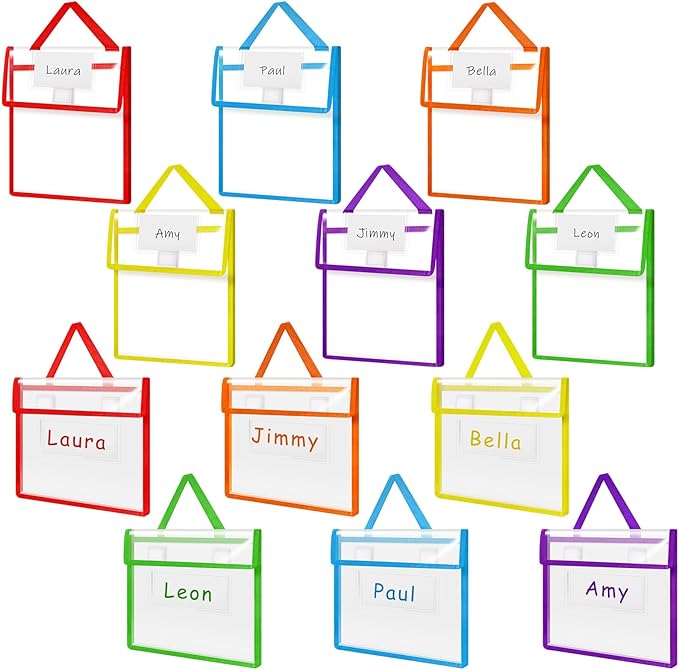 Teling 12 Pack Thick Clear Book Pouches with Blank Name Tags and Handles Book Baggies Bags Bins Organizer for School Classroom Library Pockets Students (14 x 11 & 10 x 12 Inch,Bright Color)