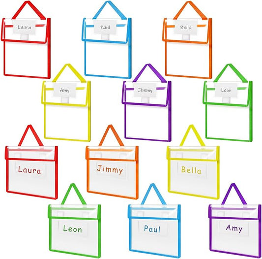 Teling 24 Pack 14 x 11 & 10 x 12 Inch Clear Book Pouches with Handles and Name Tags, Heavy Duty Reusable Library Book Bags for Classroom, Students Kids and Teacher Supplies (Bright Color)