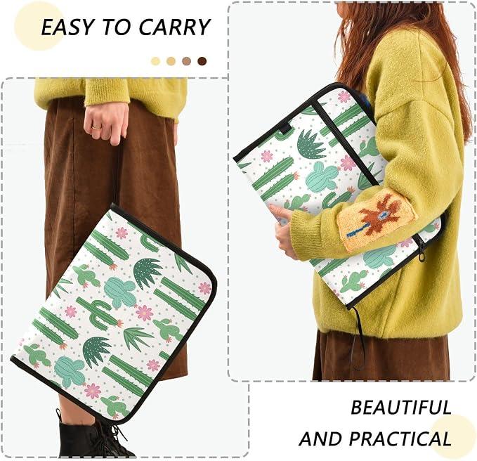 Expanding File Folder Cactus Pattern Accordion File Organizer 13 Pockets Document Organizer with Zipper Labels A4 Letter Office Storage