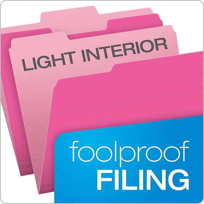 Pendaflex Pink File Folders, 100 Pack, Letter Size (8.5" x 11"), Durable Pink Folders, 3 Tabs for Easy Labeling, Colorful School, Office & Home Document Organization