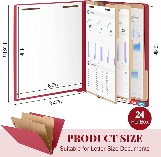 Skyygemm 24 Pcs End Tab Classification Red File Folders 3 Dividers Letter Size with 3.5'' Fasteners and 2 Prongs, Manila Folders Bulk for Office Business Classroom