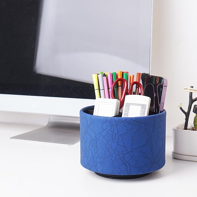 Round Leather Art Supply Organizer,Remote Control Holder,360 Degree Spinning,Multi-Functional Pencil Holder,4 Compartments Desktop Stationary Organizer(1-Lace Flower Blue)
