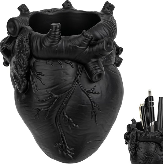 Anatomical Heart Pencil Holder, Black Resin Organ-Shaped Pen Cup Desk Organizer, Realistic Human Heart Decor, Stable Base