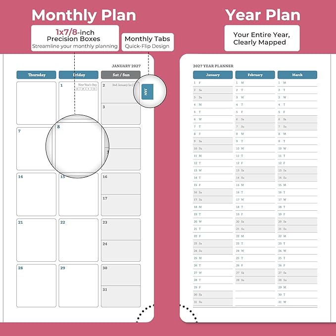 Weekly Monthly 2026-2027 Planner (July 26-Dec 27),6.5"x3.75",18 Months Agenda Plan with Month Tabs & Pocket,Expenses/Note Pages, Academic Calendar with Vegan Leather Cover,Rose Red