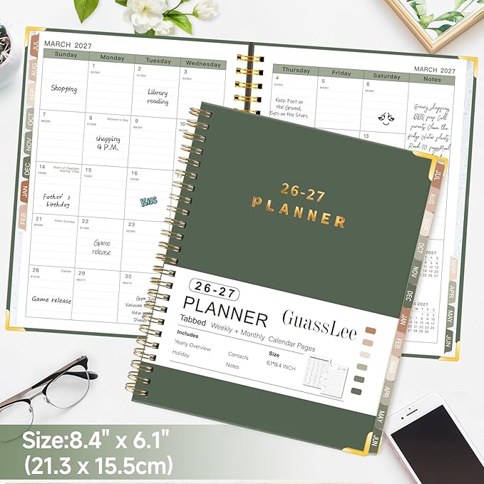 GuassLee 2026-2027 Academic Planner - Hardcover Daily Planner from Jul. 2026-Jun. 2027 - A5 Weekly & Monthly Calendar Agenda Organizer Book with Stickers, Pocket, Coated Tabs - 6.1"x 8.4", Dark Green