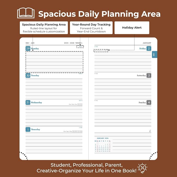 Planner 2026 Daily Weekly and Monthly,6.5"x3.75",12 Months Spiral Bound Calendar Agenda with Self-adhesive Pen Holder,2026 Appointment Book with Vegan Leather Soft Cover,Brown