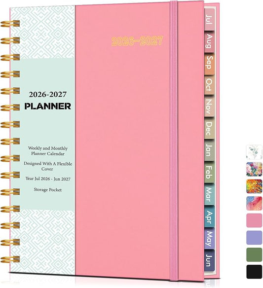 Academic Planner 2026-2027, Weekly and Monthly Calendar Planner from July 2026 - June 2027, 6.1" x 8.2" A5 Large Daily Agenda Book with Tabs, Flexible Cover, College School Organizer for Student Teacher,Pink