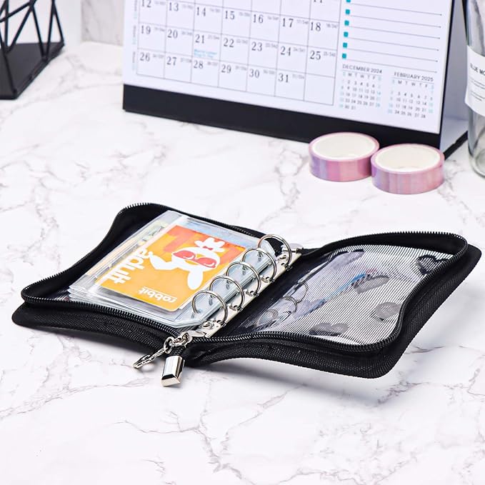 Mogoostry A8 Zippered Binder Cover Clear PVC Zipper Binder Folder Lace Decor 5-Ring Loose-Leaf Notebook Planner Organizer (Black)