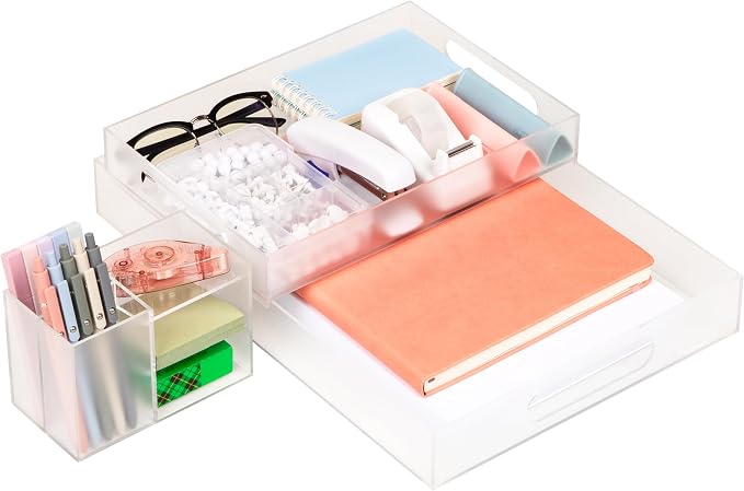 Mind Reader 3-Piece Acrylic Desktop Organizer Set, Frosted Clear Paper Tray, Accessory Tray, Pen and Supply Organizer, Modular Desk Organization System