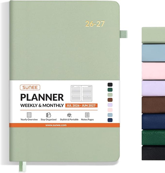 SUNEE 2026-2027 Weekly & Monthly Hardcover Planner 5.5" x 8.3" - 12 Month (July 2026 - June 2027), Small Academic Year Calendar Planner, Pocket, Notes, 100 GSM Paper, Sage Green