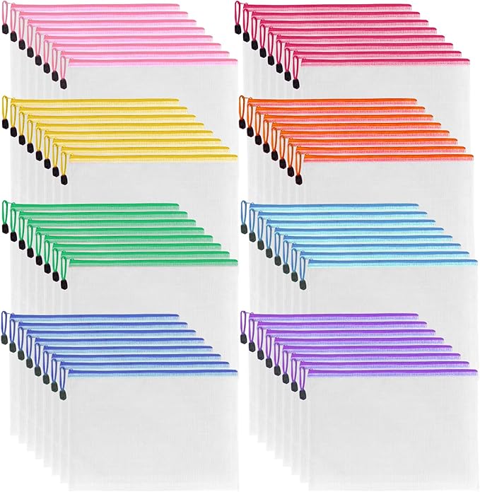 64 Pcs A4 Mesh Zipper Pouch Bags, 8 Colors Waterproof Zipper Pouches, 13 x 9.25 Inch Mesh Bags, Plastic Zippered Storage Bags, Bulk Clear File Bag for Office Supplies, Home Organize