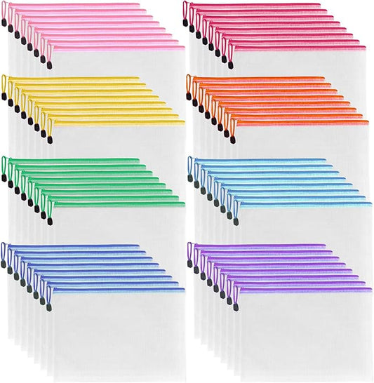 64 Pcs A4 Mesh Zipper Pouch Bags, 8 Colors Waterproof Zipper Pouches, 13 x 9.25 Inch Mesh Bags, Plastic Zippered Storage Bags, Bulk Clear File Bag for Office Supplies, Home Organize