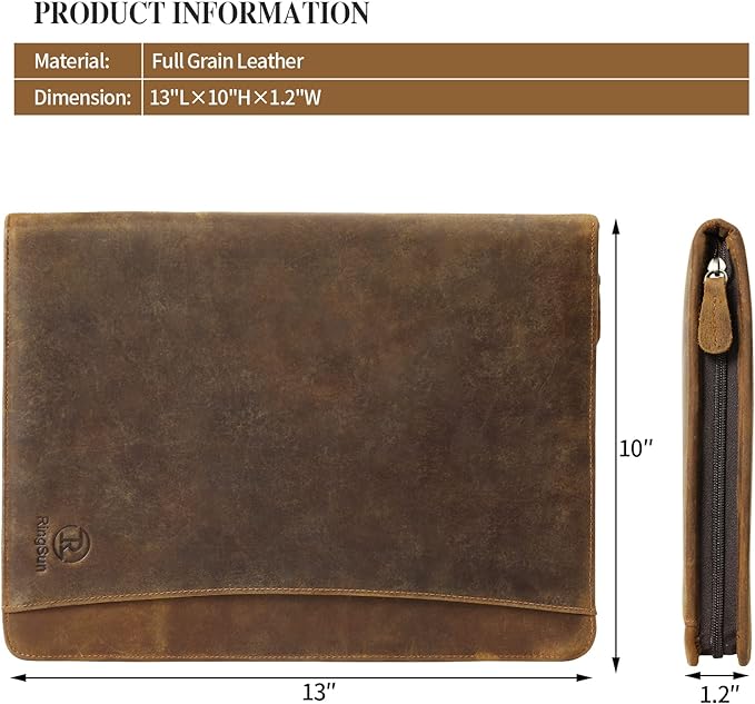 Ringsun Leather Portfolio Organizer with Zipper for Men Women, Leather Padfolio Business Resume Legal Pad Portfolio Notebook Binder for A4/Pad, Brown
