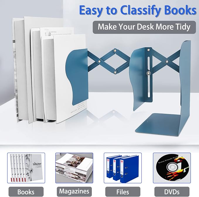 Non Skid Book Ends to Hold Books, Carooyac Heavy Duty Bookends Adjustable Book End, Metal Bookends for Shelves, Blue Book Holders Organizer for Bookshelf Desk - Extends up to 19"