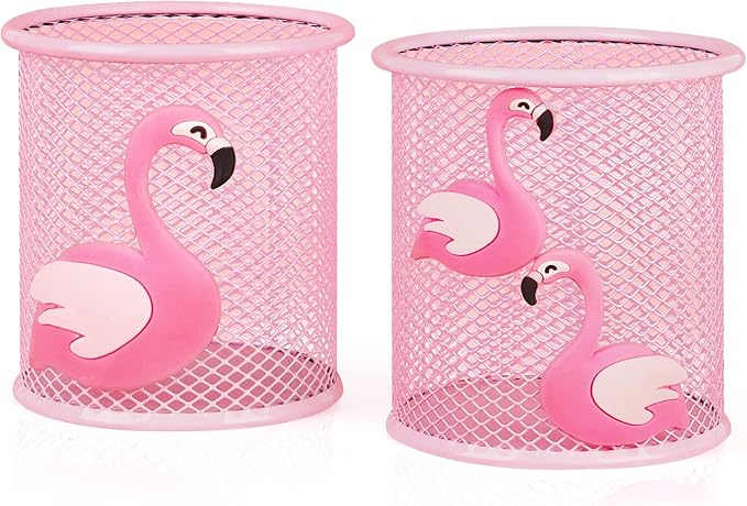 Trycooling 2 Pack Metal Cute Pen Pencil Holder Office Home Desk Square Pencil Cup Caddy Box Makeup Brush Holders for Girls (Round)