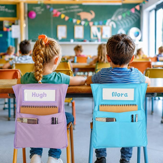 12pcs for Classroom 16.3x19.7inch Classroom Chair Pockets with Name Tag 3 Pockets Chair Organizer for Teacher Student School Office(Pastel)