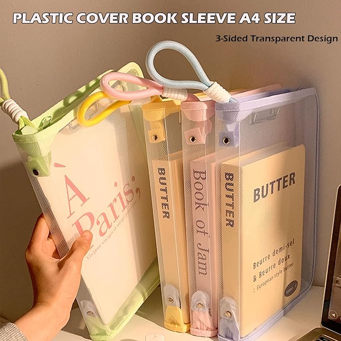 Waterproof Zipper Pouch A4 Size Project Bags with Clip Book Bag for Classroom Clear Reading Bag Expanded File Folder for Storing Homework, Arts, Books, Lesson Plan, Documents.ect