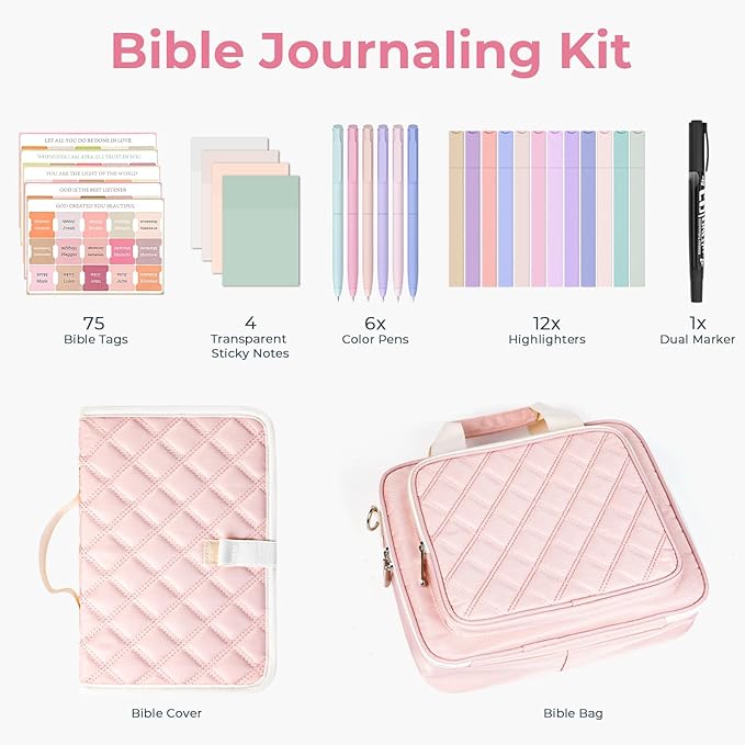 Nicpro Large Bible Bag with Bible Cover Case for Women, Church Bag with Shoulder Strap,Quilted Cover for Bible Study Supplies Journaling Kit with Tabs Notes Highlighters Pens Christian Gifts for Women