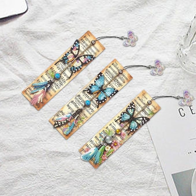ARTopet 3Pcs DIY Diamond Art Painting Bookmarks with Colorful Butterfly Pendant PET Bookmark Ornament Double Sided Pattern Single Sided Diamond Book Marker Clip Gifts Tags-Butterfly01