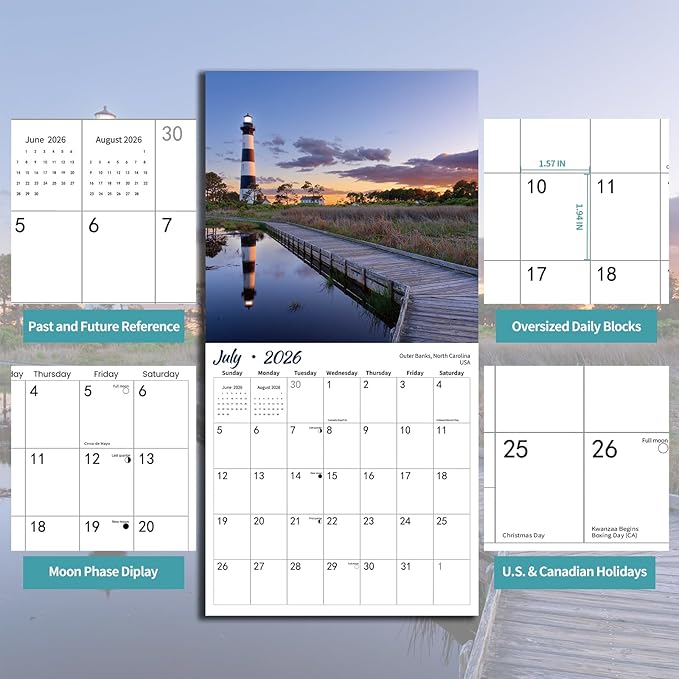 2026 Wall Calendar Lighthouse, 12 Months Hangable Wall Calendars, 12" x 24" (Open), Thick Glossy Paper, Organizing & Planning