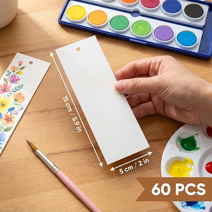 60 Pcs Watercolor Paper Blank Bookmarks with Hole 140 lb/300 GSM Watercolor Bookmarks for DIY Classroom Projects Crafts and Gift Tags 5.9 x 2 Inches