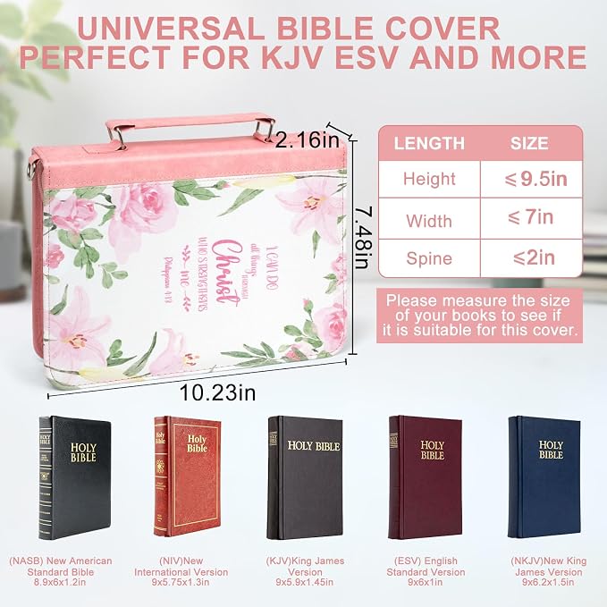 Bible Cover Case for Women PU Leather Bible Bag, 9.5" x 7" x 2"Portable Book Carrying Holder Bag with Bible Study Supplies, Christian Gifts for Women and Girl (Pink)