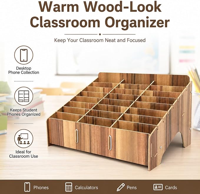 XICHENGSHIDAI 24 Slots Cell Phone Holder for Classroom, Wood-Look Phone Storage Box and Calculator Organizer for Teachers, School, Office and Meeting Room, Caddy and Ink Pad Organizer, Brown