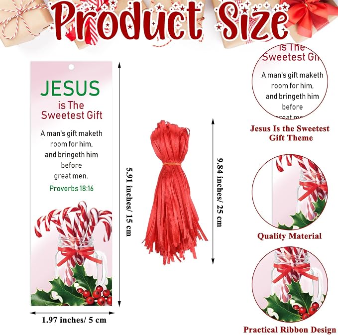 Cholemy 200 Pcs Jesus is The Sweetest Gift Bookmarks Christmas Christian Paper Bookmark Bible Candy Cane Religious Inspirational Bookmarks for Sunday School Classroom Reading Rewards