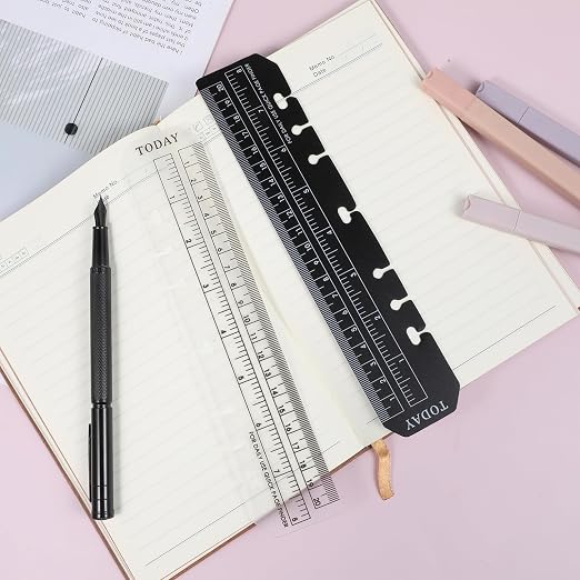 4 PCS Bookmark Rulers, Black and Clear Spiral Notebook Bookmark, Plastic Planner Ruler for A5 Size 7-Hole Binder Notebook