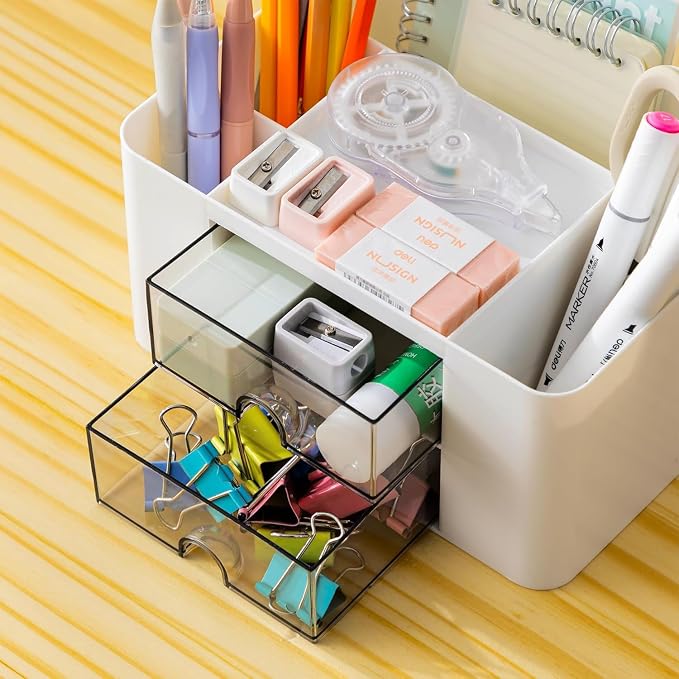 Creative & Simple Desk Organiser, 7 Grids, Plastic Table Organiser with Drawer, Multifunctional Desk Organiser, Pen Holder for School, Office, Home (White)