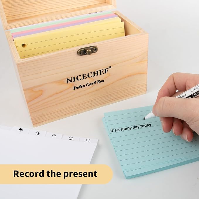 Index Card Holder 4x6, Wooden Recipe Box with 300 PCS Flash Cards Card Organizer,12 White Dividers, 6 Metal Rings, 2 Sticker, for Office, Business, Flashcard Notecard Holders for Home Office